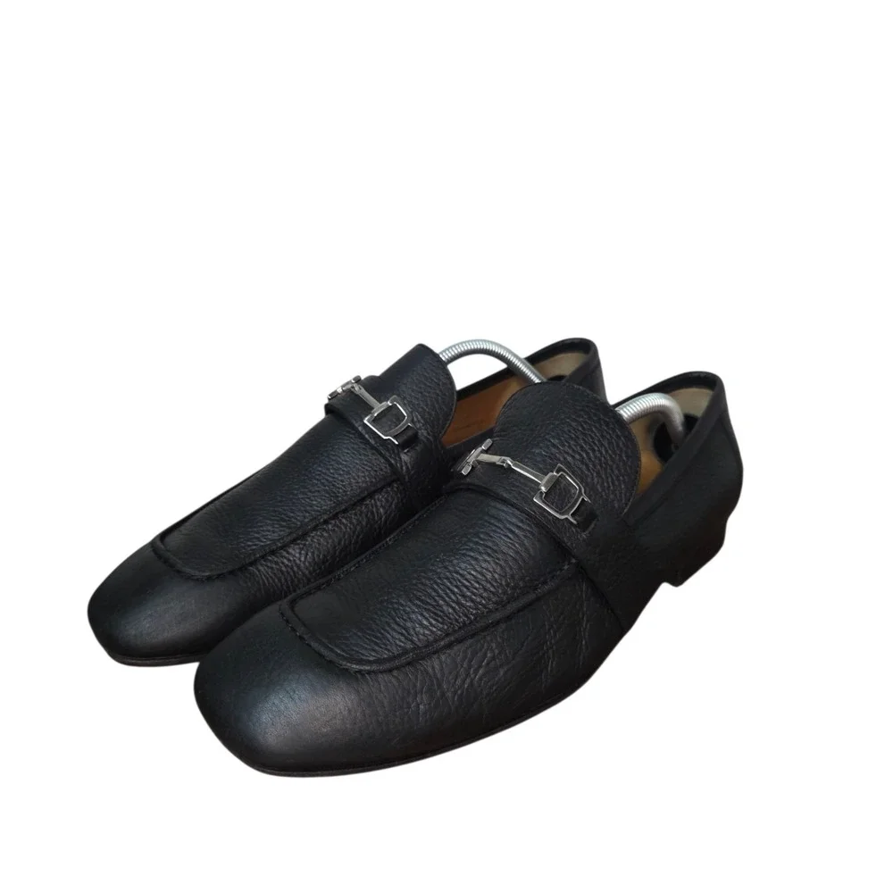 Gucci Mens 8.5 Black Pebble Leather Horsebit Square Toe Slip On Loafer Shoes